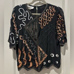 *Vintage* Argenti 💯 Silk Black Beaded Top with Bronze and Silver Accents